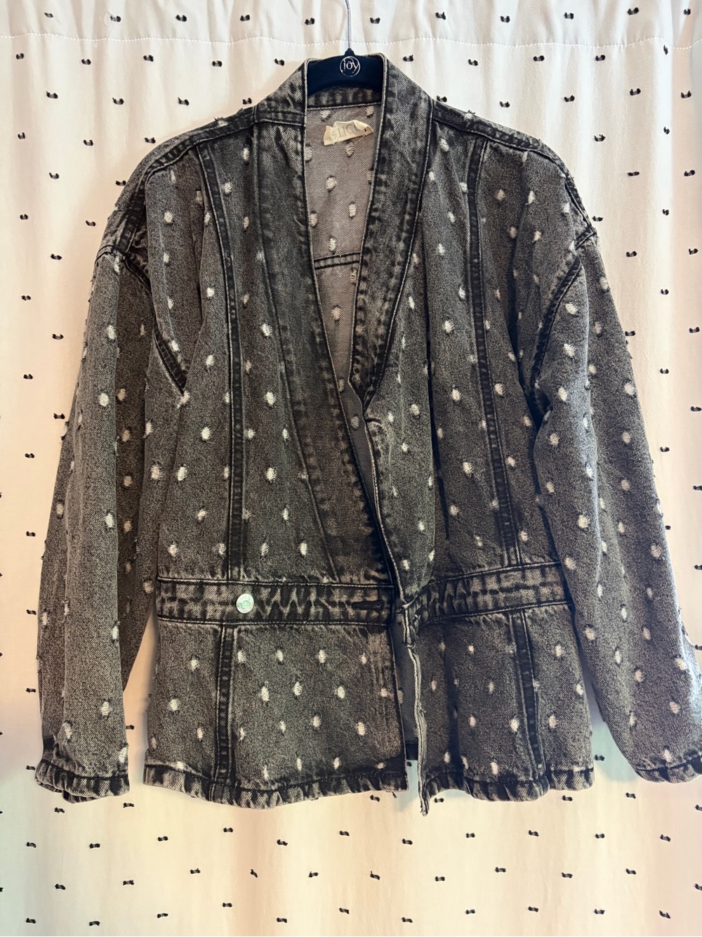 Etica Stone Washed Gray Polka Dot Denim Jacket